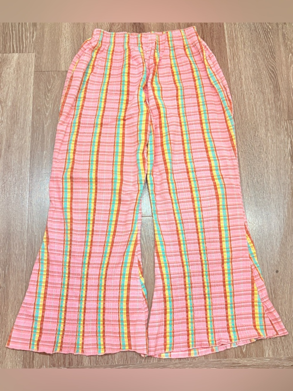 Free People Seesucker pink, orange, yellow, and turquoise Stripe Wide-Leg Pants